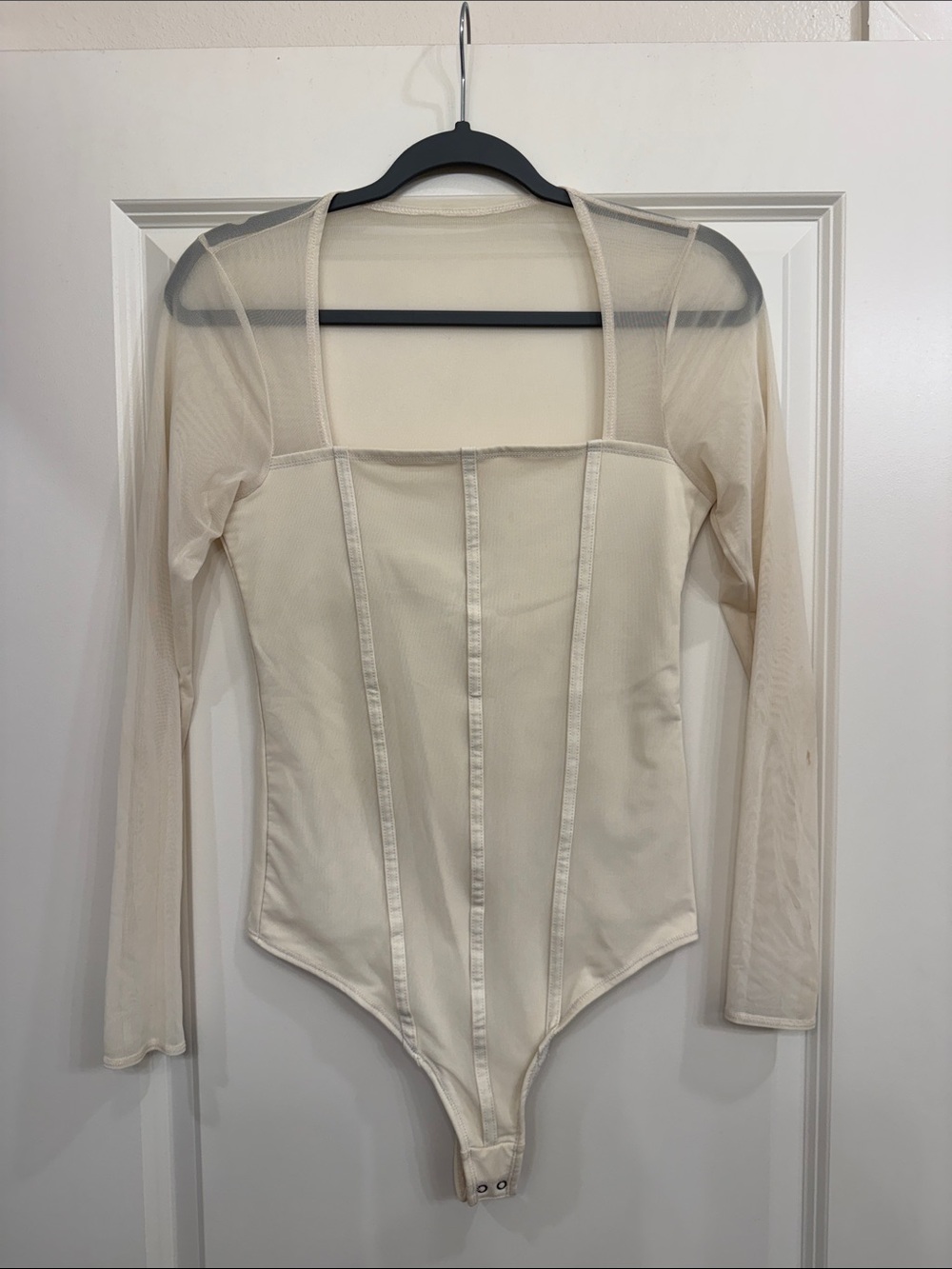Abercrombie & Fitch Cream Sheer-Sleeve Square Neck Bodysuit